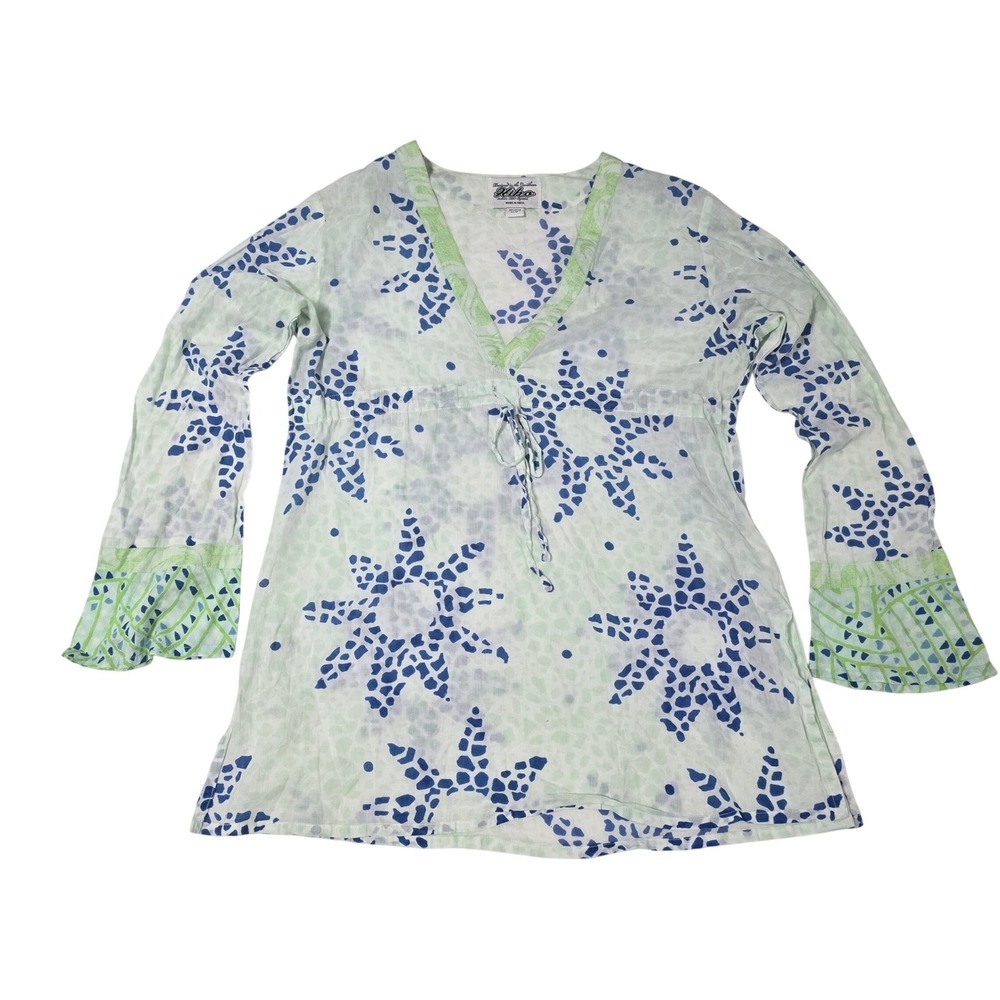 Hiho Women's 100% Cotton Beach Coverup Sun Star Print Blue Green Size Medium‎